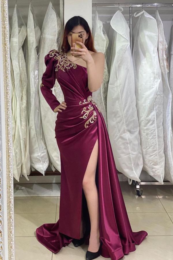 Langes Meerjungfrau-Ballkleid mit einer Schulter und Schlitz vorne