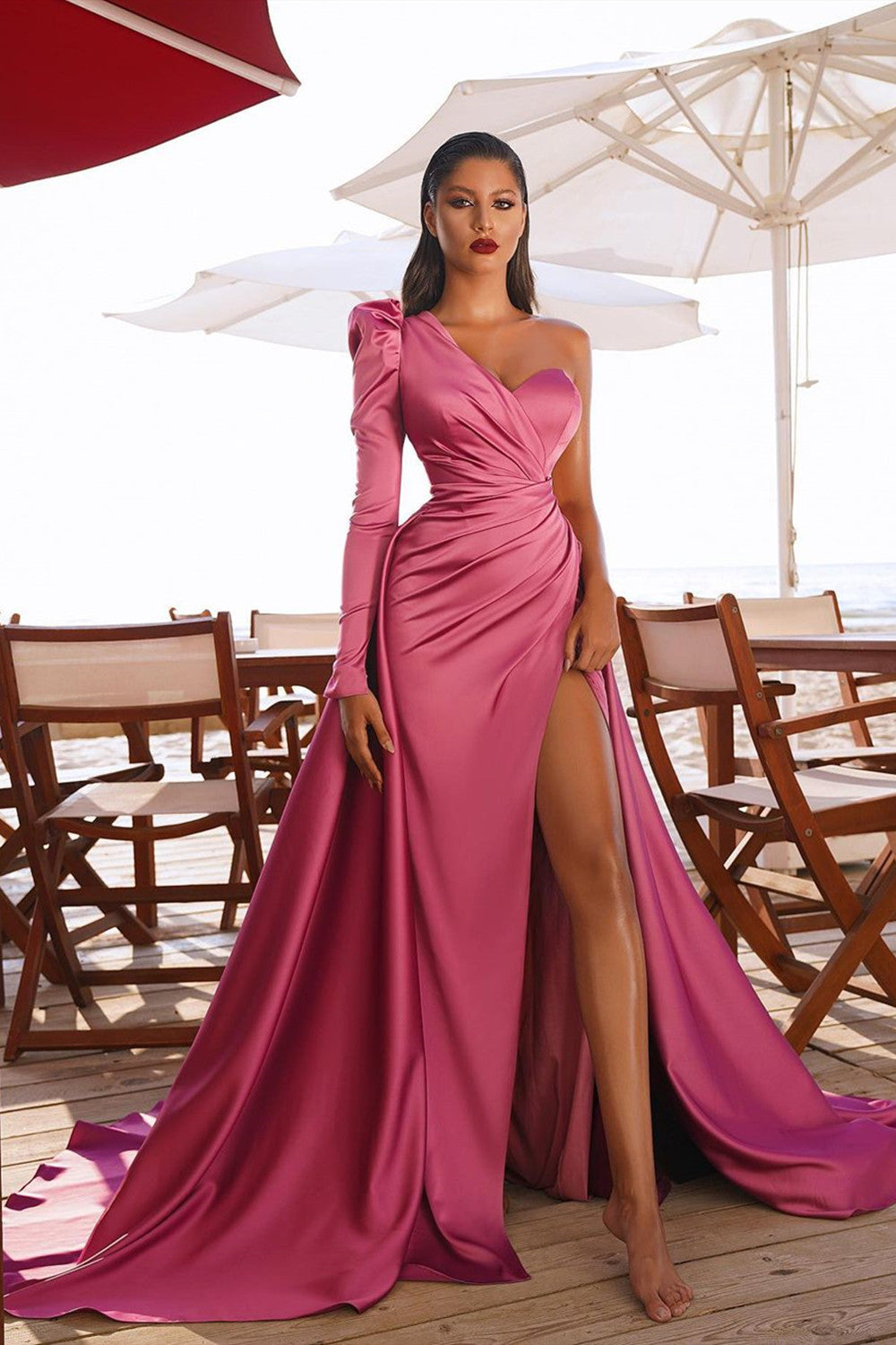 Long Mermaid One Shoulder Front Slit Prom Dresses with Sleeves