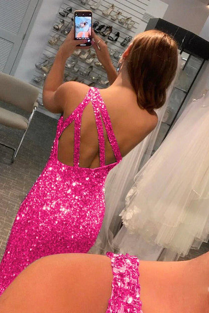 Long Mermaid One Shoulder Sequined Formal Prom Dress with Slit Fuchsia Evening Gowns