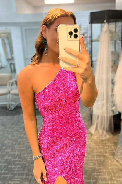 Long Mermaid One Shoulder Sequined Formal Prom Dress with Slit Fuchsia Evening Gowns