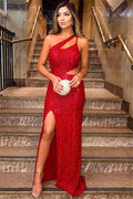 Langes, rotes Meerjungfrau-Ballkleid mit One-Shoulder-Ausschnitt und Pailletten