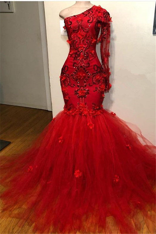 Langes Meerjungfrau-Ballkleid mit einer Schulter und Tüllspitze