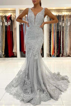 Vestido de fiesta largo de sirena con espalda abierta, escote en V y tul con encaje