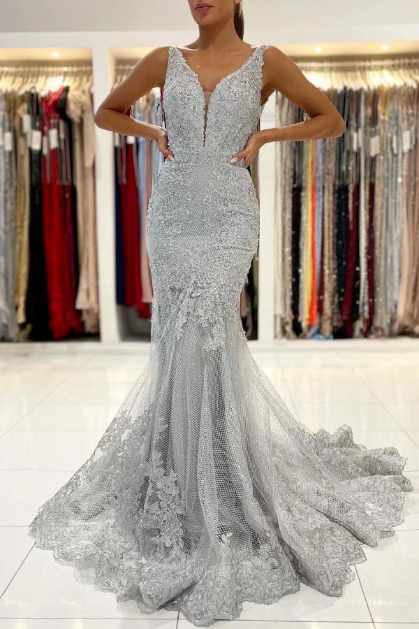 Vestido de fiesta largo de sirena con espalda abierta, escote en V y tul con encaje