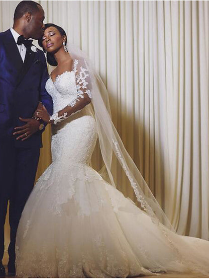 Long Mermaid Scoop Neck Court Train Organza Wedding Dresses with Sleeves