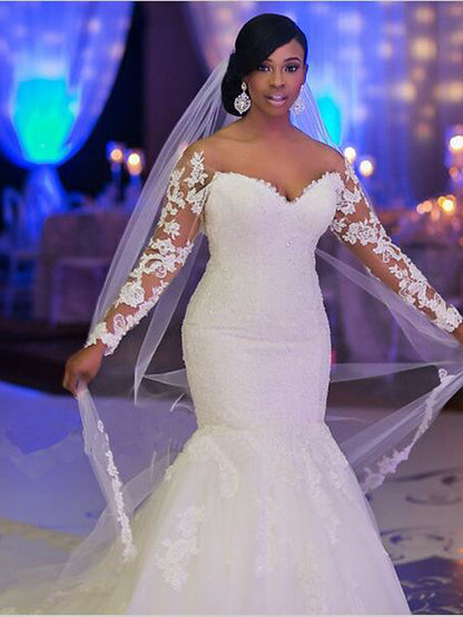Long Mermaid Scoop Neck Court Train Organza Wedding Dresses with Sleeves