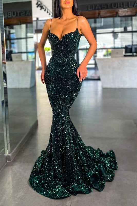 Langes dunkelgrünes Meerjungfrau-Ballkleid mit Pailletten
