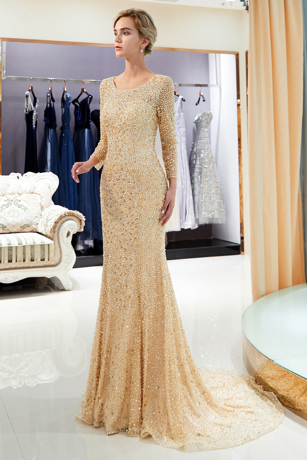 Long Mermaid Sequins Formal Evening Dresses with Sleeves