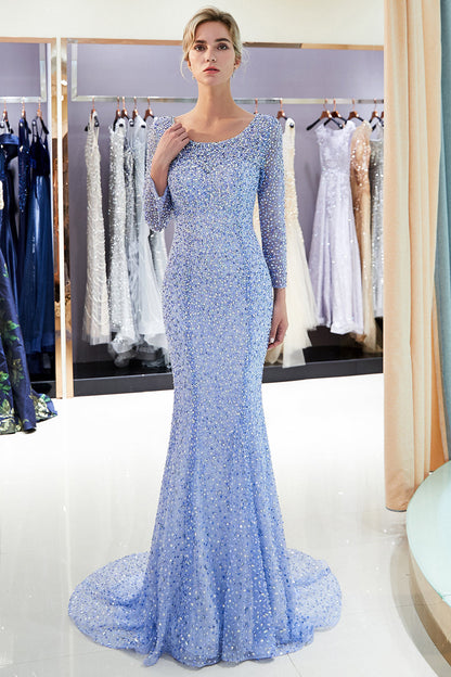 Long Mermaid Sequins Formal Evening Dresses with Sleeves