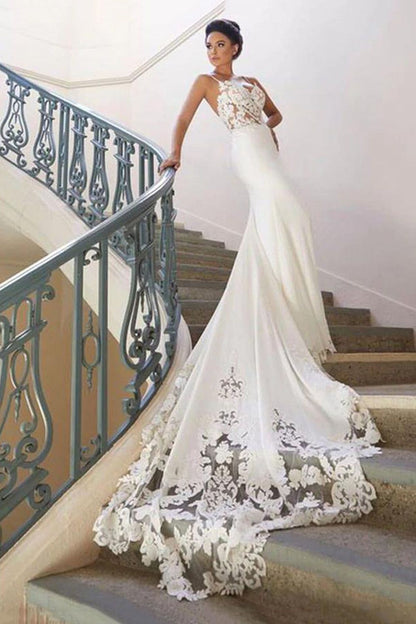 Long Mermaid Spaghetti Strap Lace Backless Wedding Dress