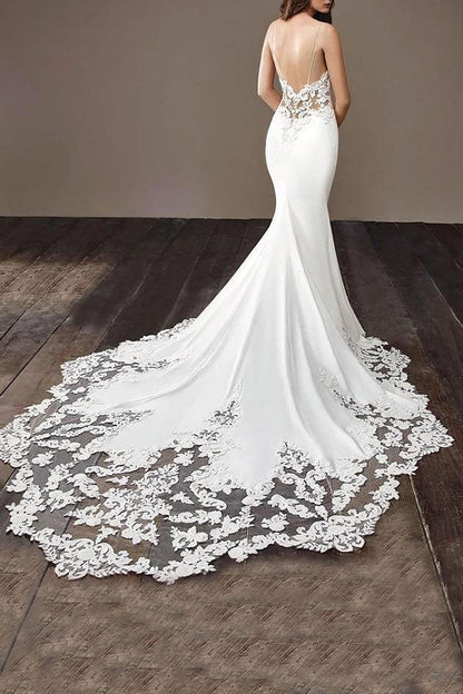 Long Mermaid Spaghetti Strap Lace Backless Wedding Dress