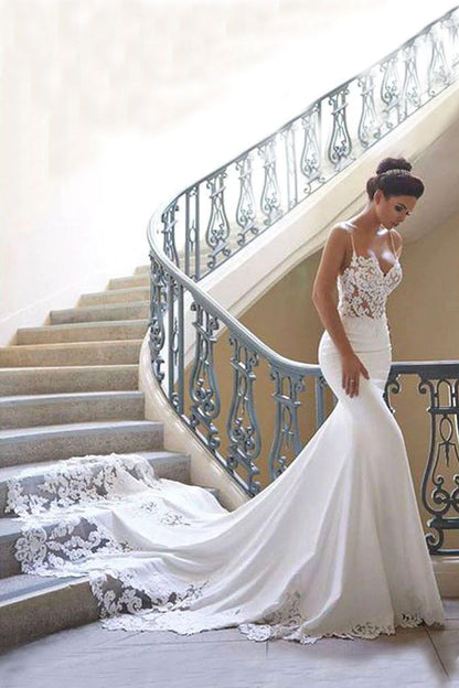 Long Mermaid Spaghetti Strap Lace Backless Wedding Dress