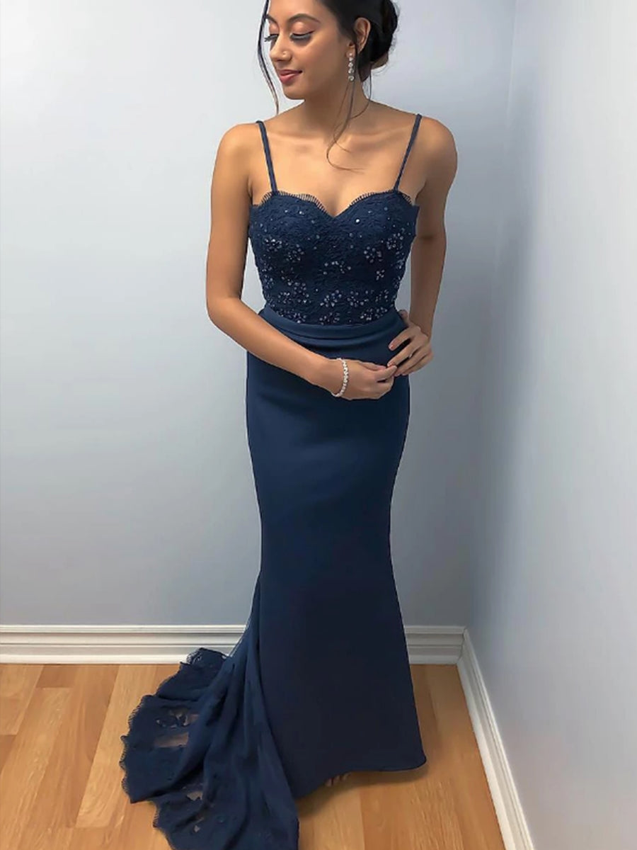 Long Mermaid Spaghetti Straps Backless Lace Beaded Prom Formal Evening Dresses