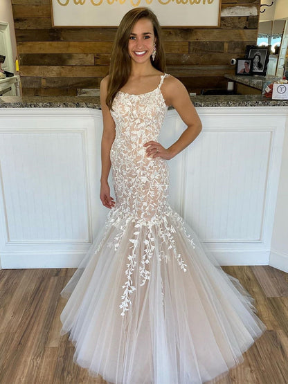 Lange Meerjungfrau Spaghettiträger Tüll Spitze Rückenfreies Abendkleid