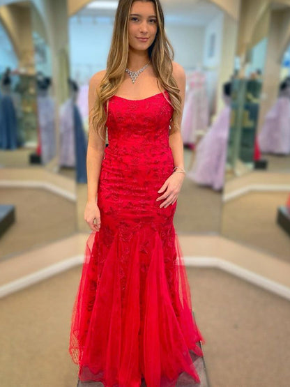 Vestido de fiesta largo de sirena con tirantes finos, tul, encaje y espalda abierta, color rojo, para noche formal