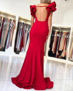 Langes Meerjungfrau-Abendkleid mit quadratischem Ausschnitt und offenem Rücken in Rot