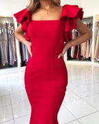 Langes Meerjungfrau-Abendkleid mit quadratischem Ausschnitt und offenem Rücken in Rot