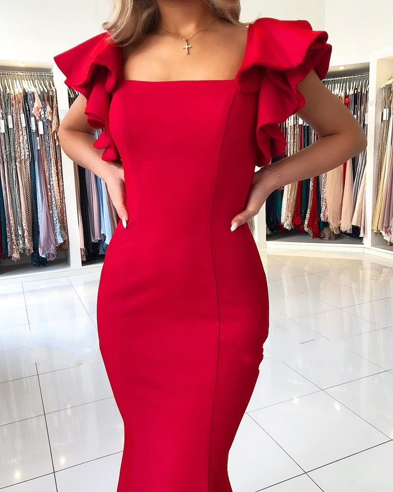 Langes Meerjungfrau-Abendkleid mit quadratischem Ausschnitt und offenem Rücken in Rot