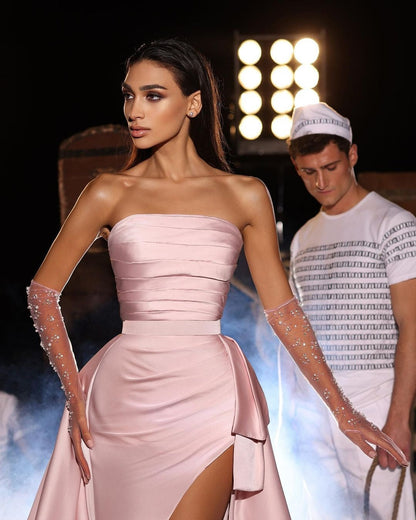 Vestidos de fiesta formales de satén sin mangas, largos, de sirena, sin tirantes y con abertura