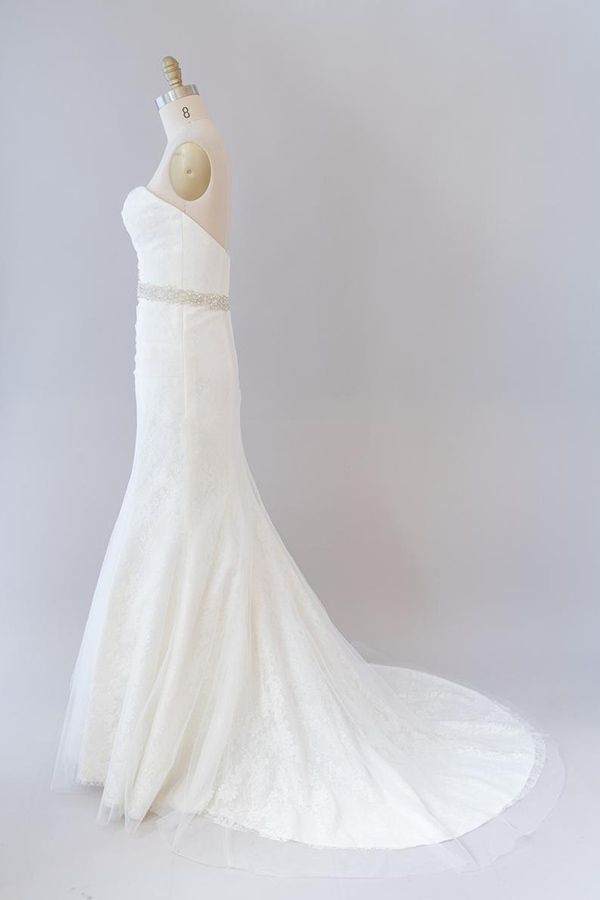 Vestido de novia largo de sirena sin tirantes de tul con encaje