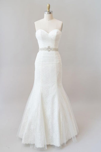 Long Mermaid Strapless Tulle Lace Wedding Dress