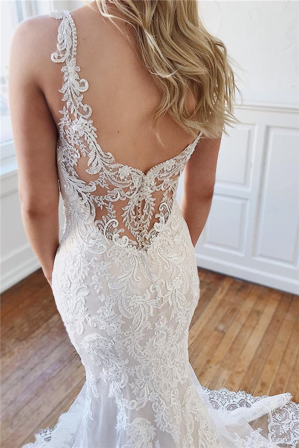 Vestidos de novia largos de sirena con escote en forma de corazón, apliques de encaje y espalda descubierta