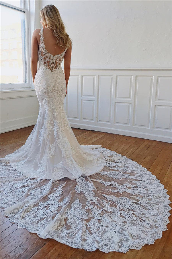 Vestidos de novia largos de sirena con escote en forma de corazón, apliques de encaje y espalda descubierta