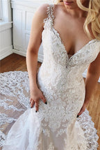 Vestidos de novia largos de sirena con escote en forma de corazón, apliques de encaje y espalda descubierta