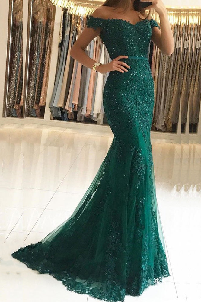 Langes Meerjungfrau-Abendkleid mit Herzausschnitt, schulterfrei, Tüllspitze und Rückenfrei
