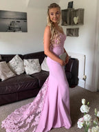 Lange Meerjungfrau Sweetheart Satin Spitze Abschlussballkleider