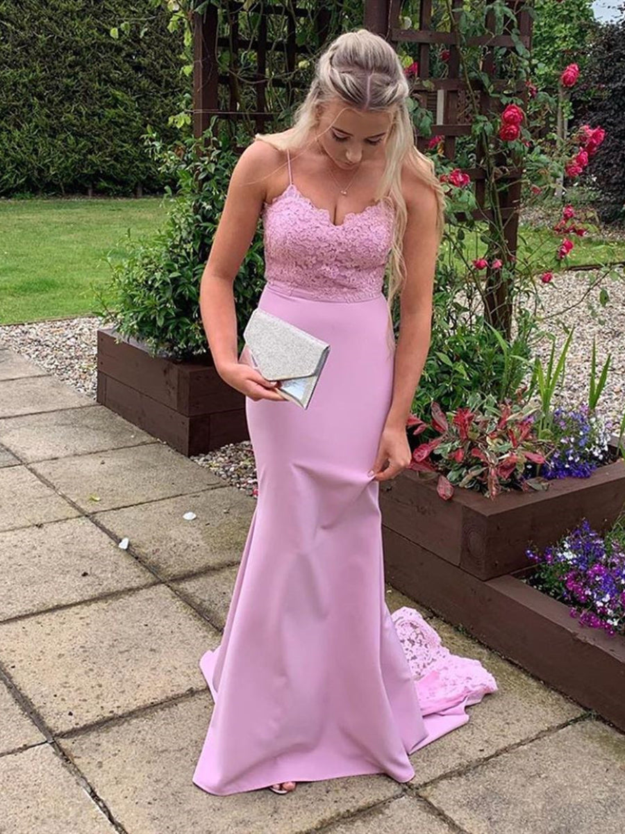 Lange Meerjungfrau Sweetheart Satin Spitze Abschlussballkleider