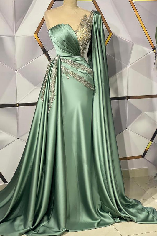 Langes Meerjungfrau-Ballkleid aus Stretch-Satin mit Herzausschnitt und seitlicher Schleppe
