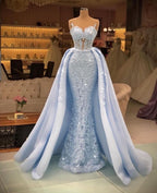 Langes Meerjungfrau-Ballkleid im Sweetheart-Stil aus glitzerndem Tüll mit abnehmbarer Schleppe