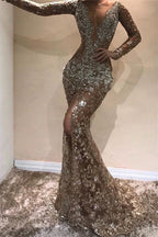 Vestido de fiesta largo de sirena con escote en V, apliques de encaje, abertura frontal y mangas
