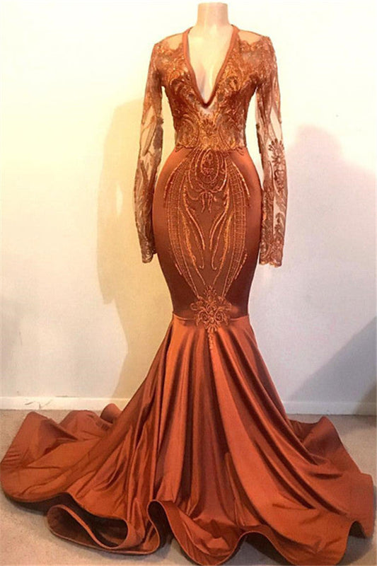 Langes Meerjungfrau-Ballkleid aus Satin mit V-Ausschnitt, Applikationen und Spitze