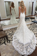 Vestidos de novia largos de sirena con escote en V, sin espalda, con apliques de encaje y cola Charpel