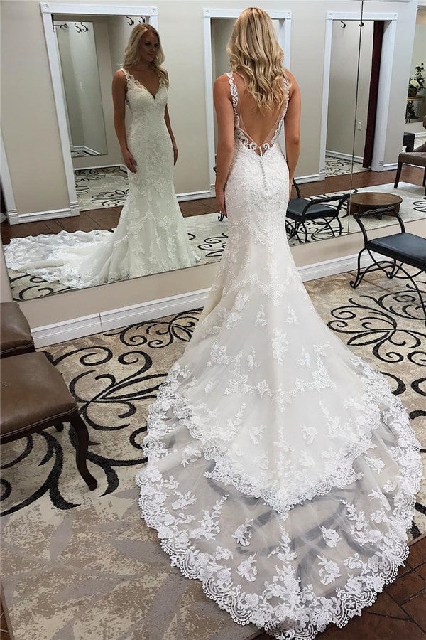 Vestidos de novia largos de sirena con escote en V, sin espalda, con apliques de encaje y cola Charpel