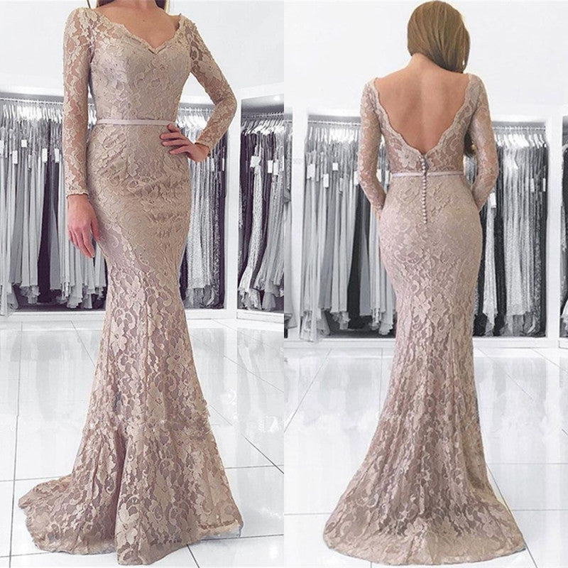 Langes, rückenfreies Ballkleid aus Spitze im Meerjungfrauen-Stil mit V-Ausschnitt und Ärmeln