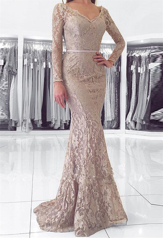 Langes, rückenfreies Ballkleid aus Spitze im Meerjungfrauen-Stil mit V-Ausschnitt und Ärmeln