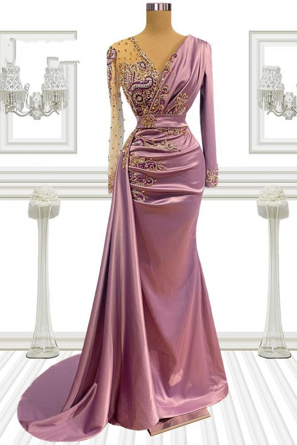 Vestido de fiesta largo de sirena con escote en V, satén con cuentas y mangas