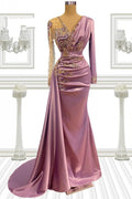 Vestido de fiesta largo de sirena con escote en V, satén con cuentas y mangas