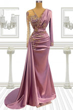 Vestido de fiesta largo de sirena con escote en V, satén con cuentas y mangas
