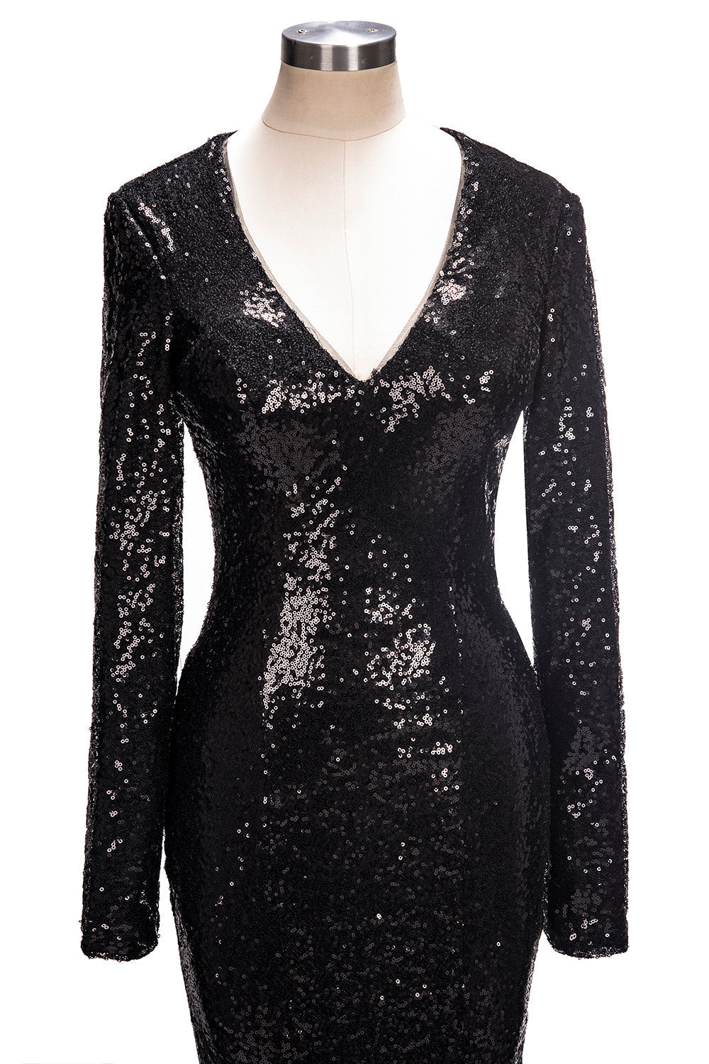 Langes Meerjungfrau-Ballkleid mit V-Ausschnitt und schwarzen Pailletten und Ärmeln