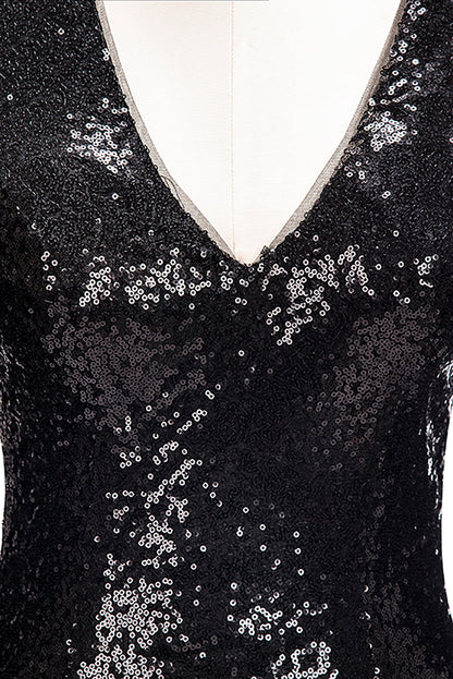 Langes Meerjungfrau-Ballkleid mit V-Ausschnitt und schwarzen Pailletten und Ärmeln