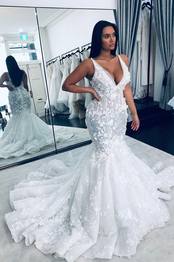 Langes Meerjungfrau-Brautkleid mit V-Ausschnitt und Blumenmuster und Trägern