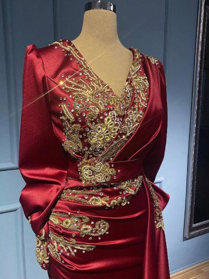 Long Mermaid V-neck Satin Beads Burgundy Prom Dress with Sleeves