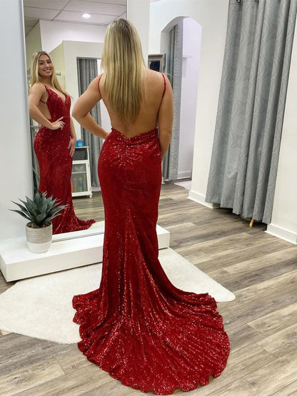 Long Mermaid V-neck Sequined Open Back Prom Dress Burgundy Formal Evening Gowns