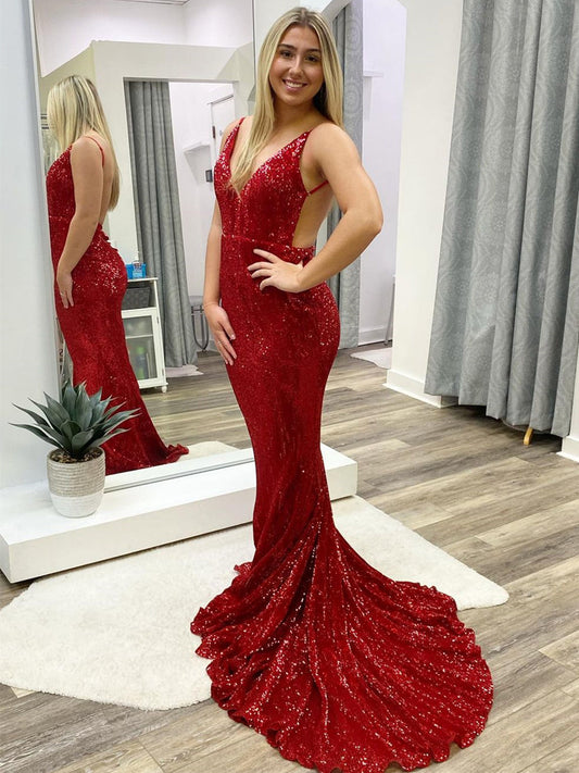 Long Mermaid V-neck Sequined Open Back Prom Dress Burgundy Formal Evening Gowns