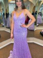 Langes Meerjungfrau-Abendkleid mit V-Ausschnitt und Pailletten, rückenfrei, lila, formelle Abendkleider