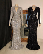 Long Mermaid V-neck Sequins Prom Dresses with Sleeves
